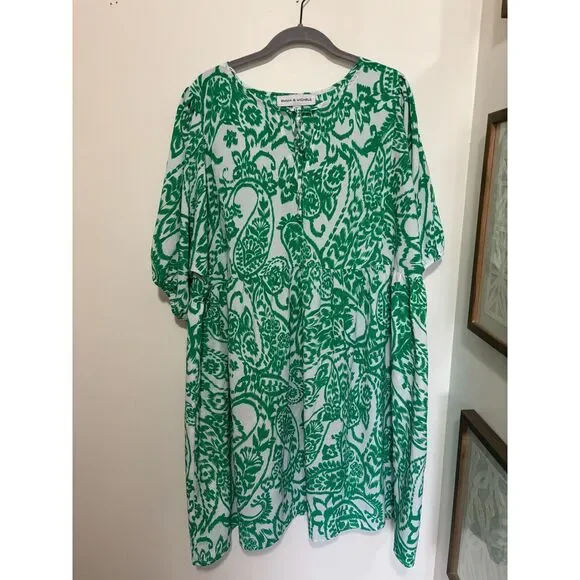 Emma & Michele 2X Green White Ikat Paisley Boho Peasant Dress Preppy Coastal - Picture 6 of 8